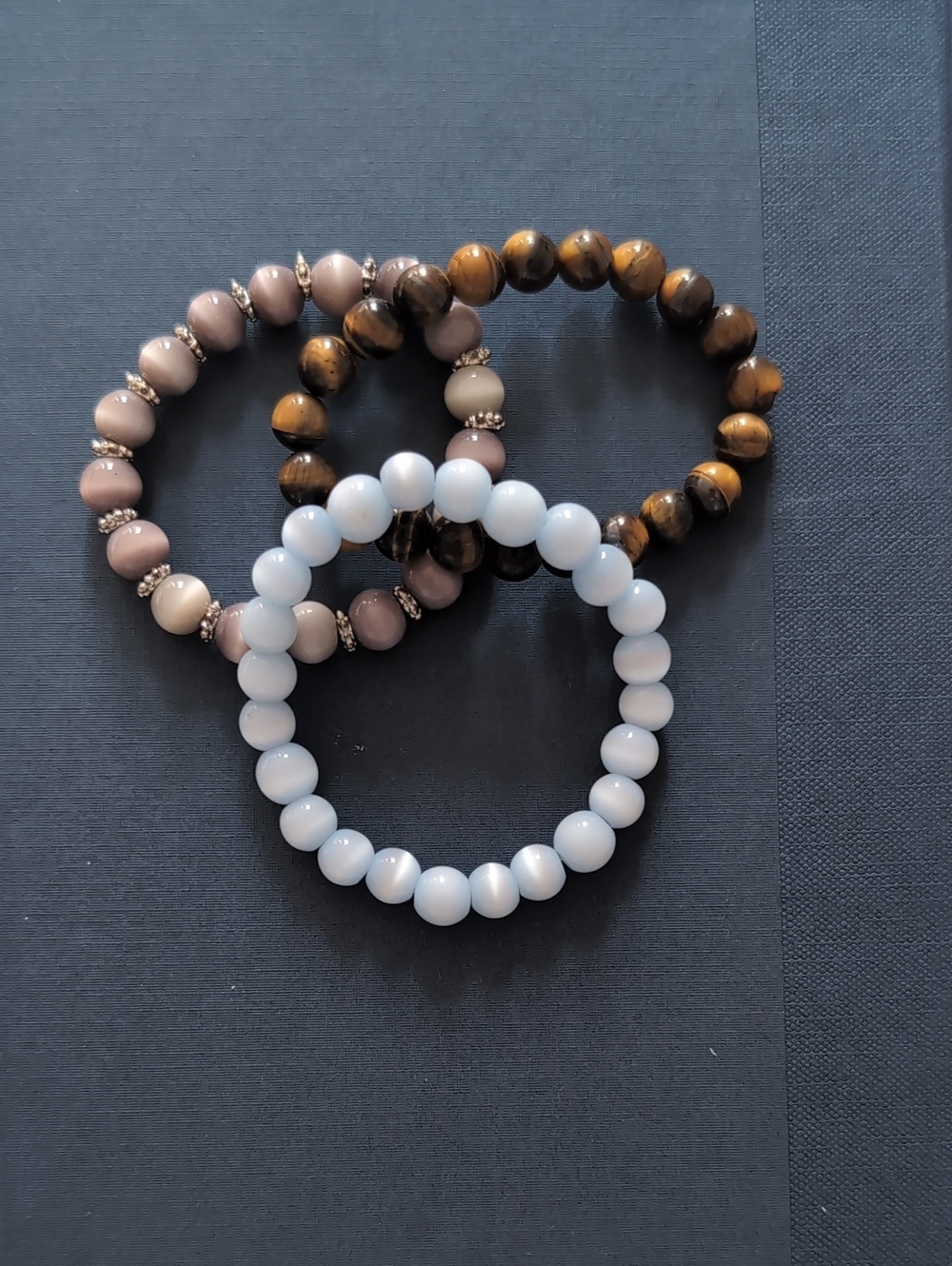 Beaded Stretch Bracelet Trio in Light Blue, Taupe, and Tiger Eye
